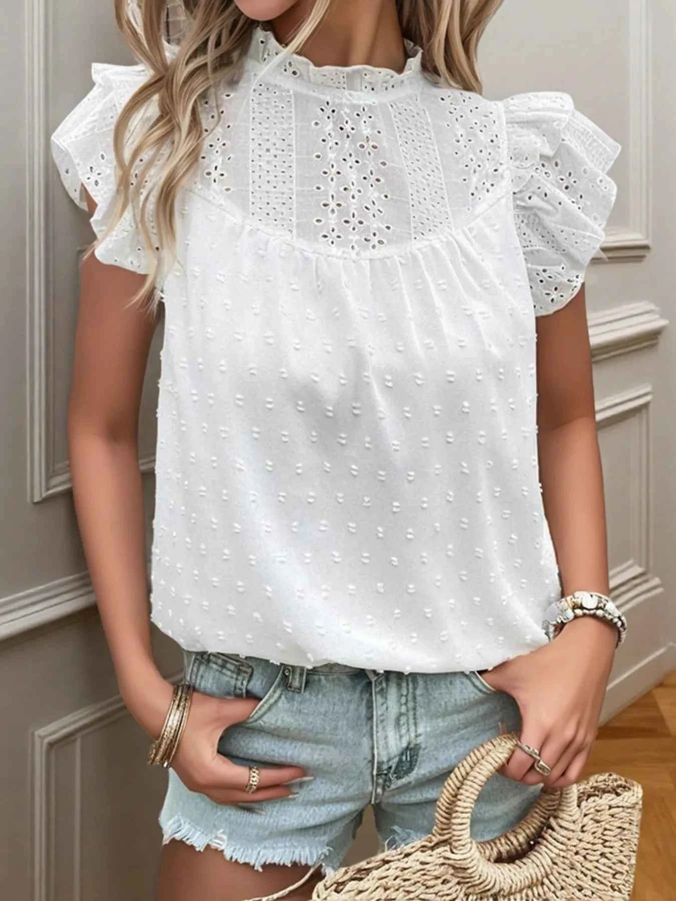 Eyelet Swiss Dot Cap Sleeve Blouse b1fc04f6cd5649779dd2992c42b8c007-Max-Origin