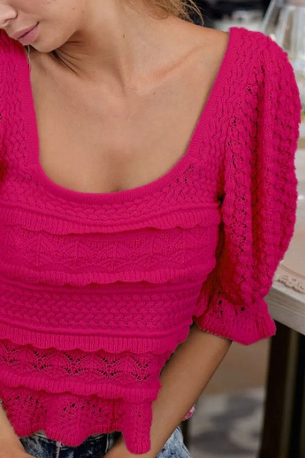 BiBi Square Neckline with Puff Sleeve Crochet Top b1fc1a86-9ba8-48a9-b13f-cd55bcc421b8-Max-Origin