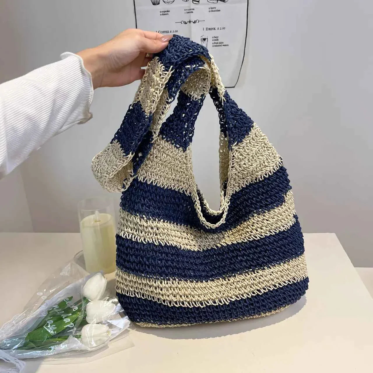Woven Straw Hobo Shoulder Bag Blue onesize b1ff0ded54ce435a8e485fa8b73c7a53-Max-Origin