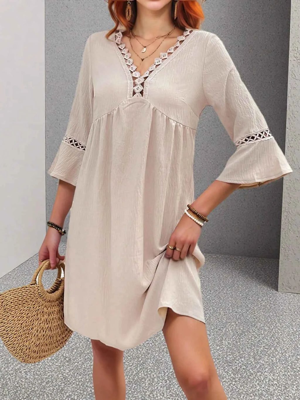 Lace Detail V-Neck Bell Sleeve Dress b203ceb258b34bceb96e401ceb75aa2a-Max-Origin