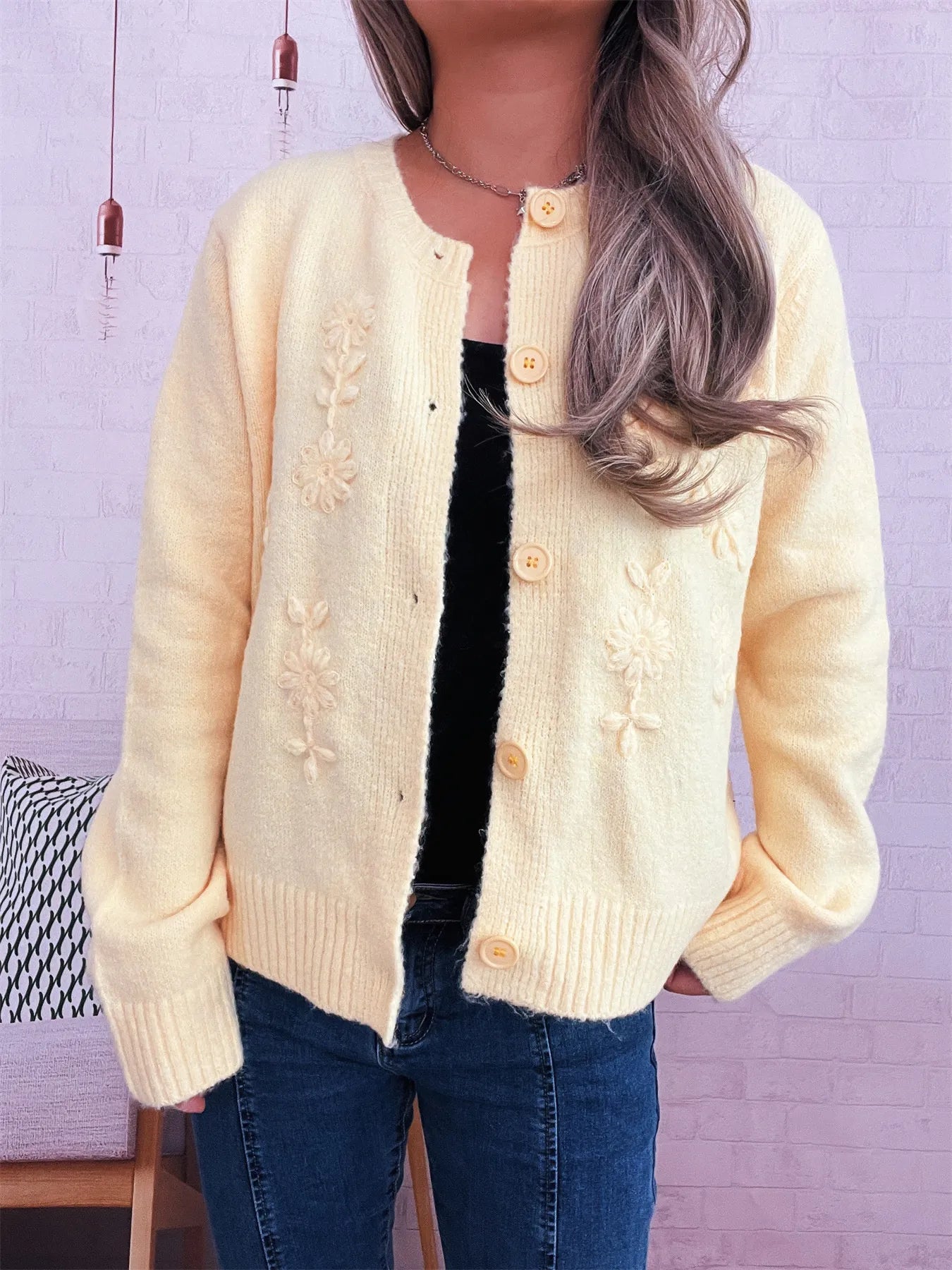 Flower Button Up Ribbed Hem Cardigan Yellow One Size-Regular b2042bf997df4446bde758cfea804c24-Max-Origin