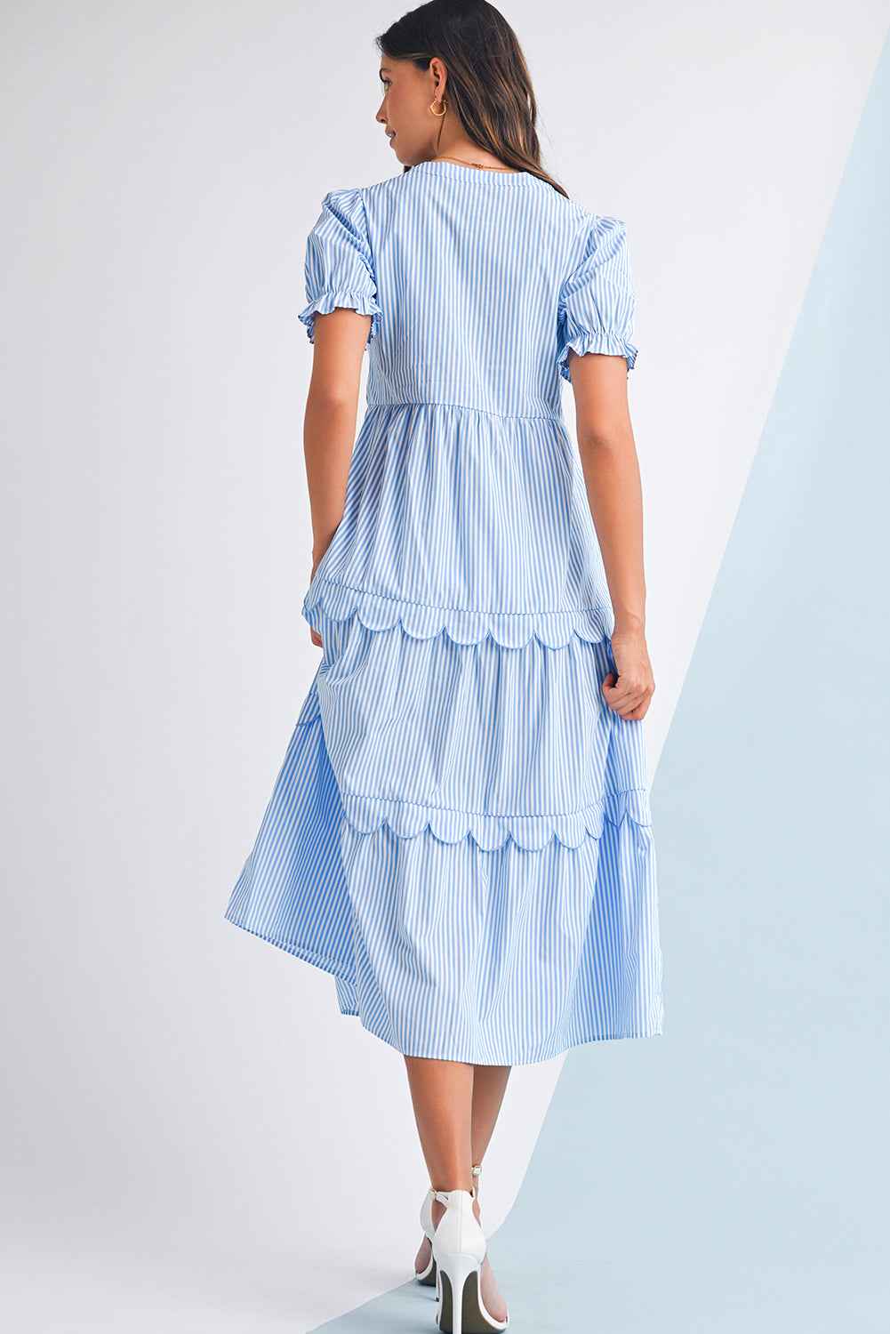 Sky Blue Stripe Bubble Sleeve Scallop Tiered Dress b2051b832d1cabde