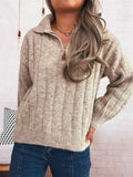 Ribbed Hem Quarter Zip Sweater Khaki One Size b2063a1c8a0a45699874609010f46dbe-Max-Origin