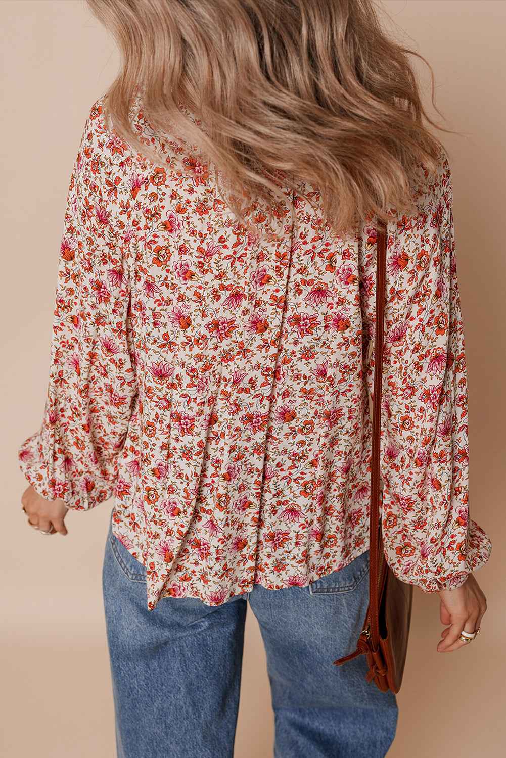 Red Floral Print Pleated Detail Notched Neck Puff Sleeve Blouse b2065b135bf45727