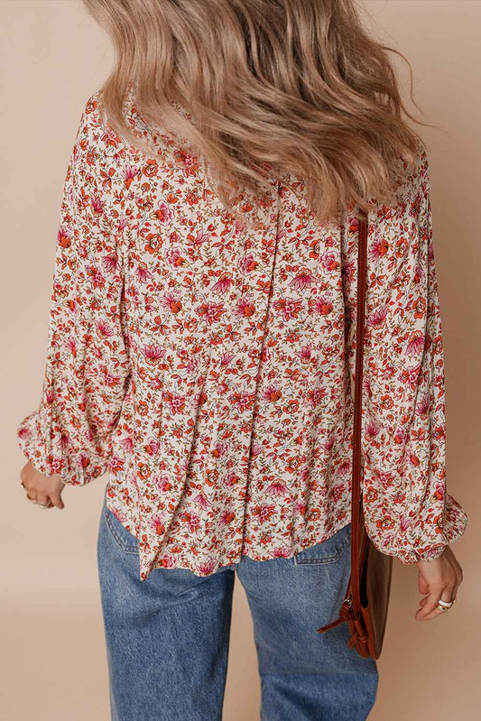 Red Floral Print Pleated Detail Notched Neck Puff Sleeve Blouse b2065b135bf45727