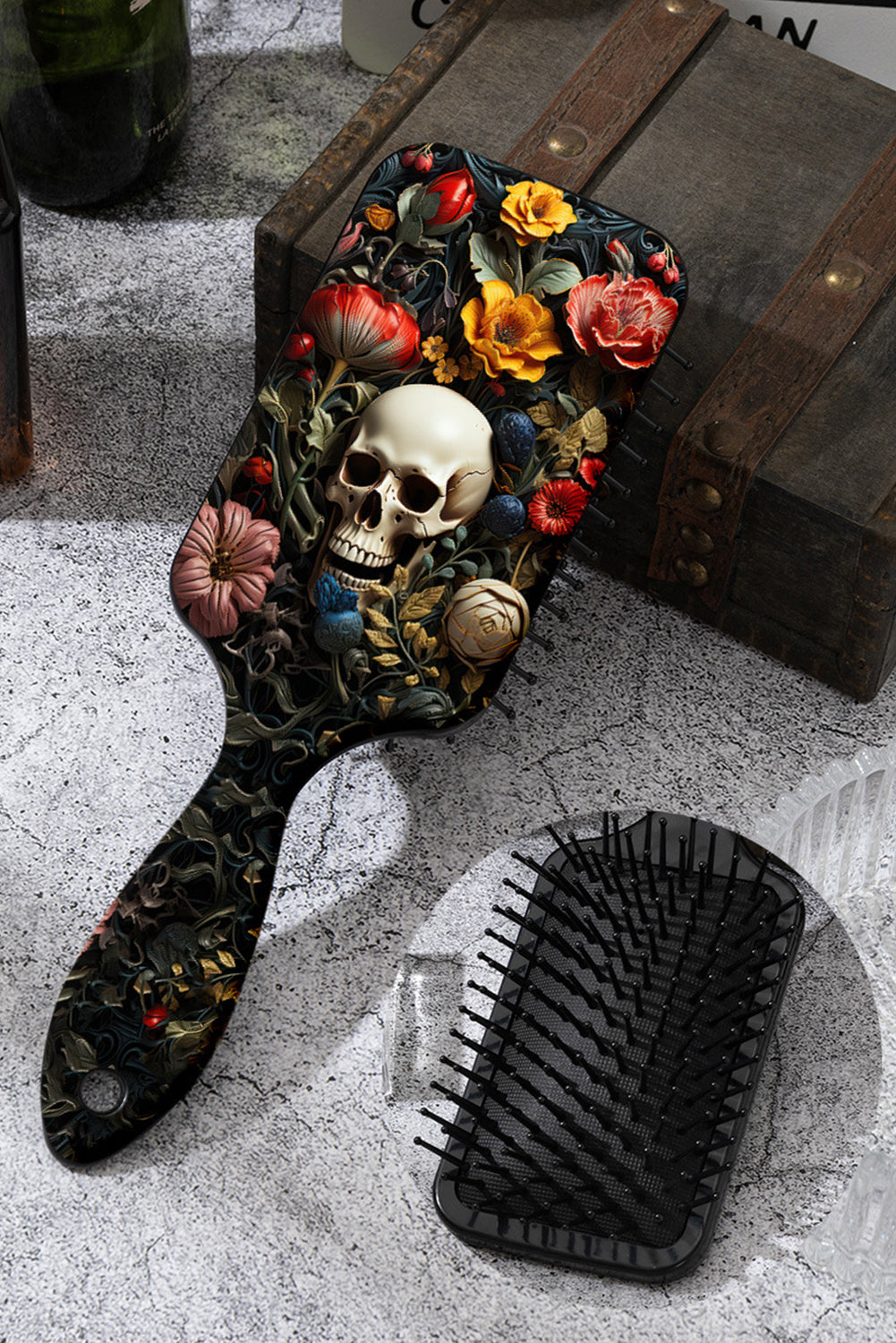 Black Halloween Floral Skull Air Cushion Comb Black ONE SIZE ABS b209dff97f8b00ba