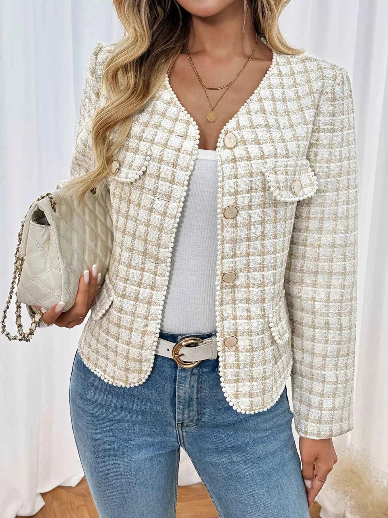 Plaid Button-Front Long Sleeve Outerwear b20aed18ddaf40ca8fc1e9ea062728ac-Max-Origin
