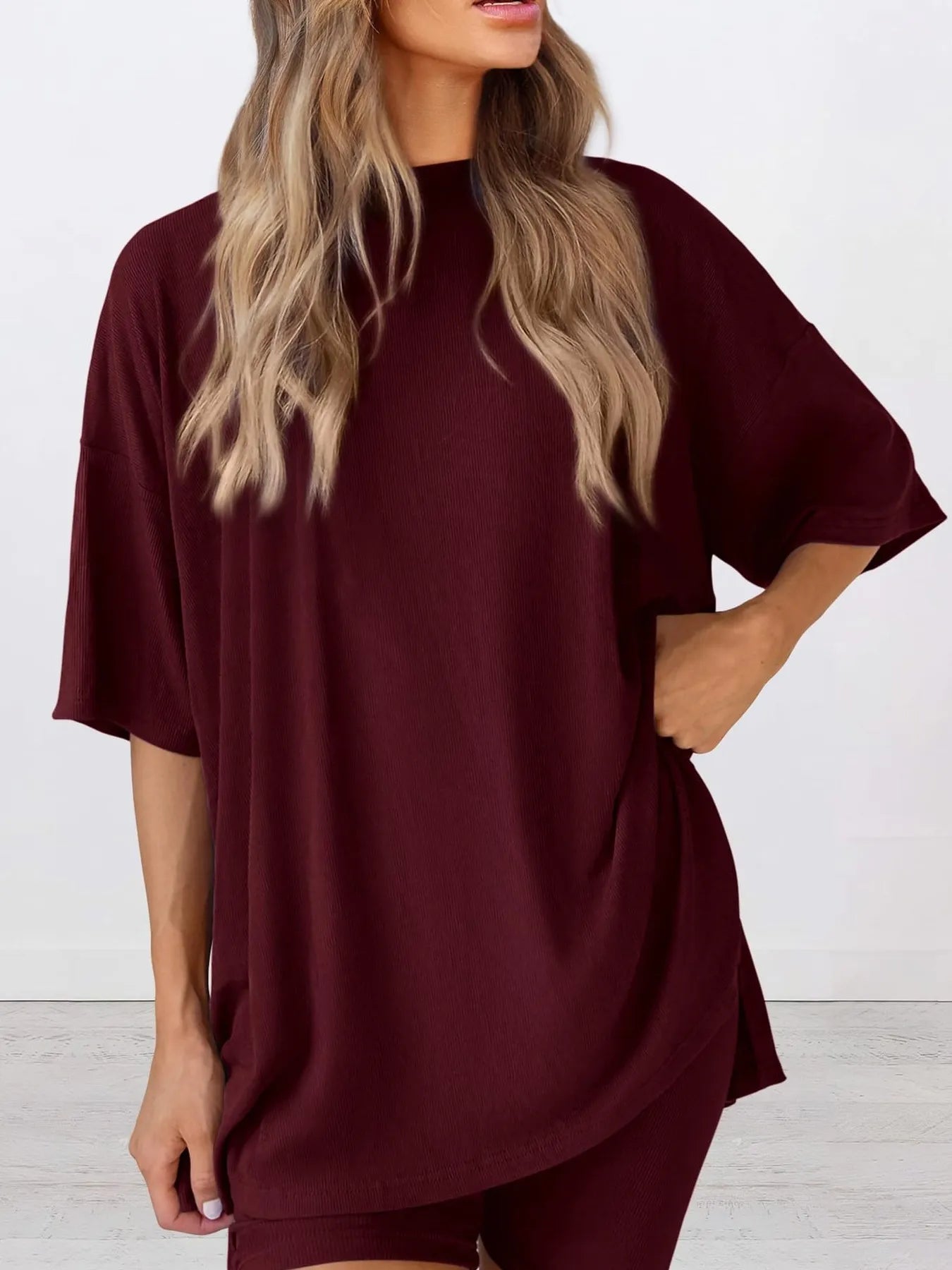 Full Size Oversized Slit Round Neck Top and Shorts Lounge Set Plus Size Burgundy b20d34b0bef24b928581d910a3efeea7-Max-Origin