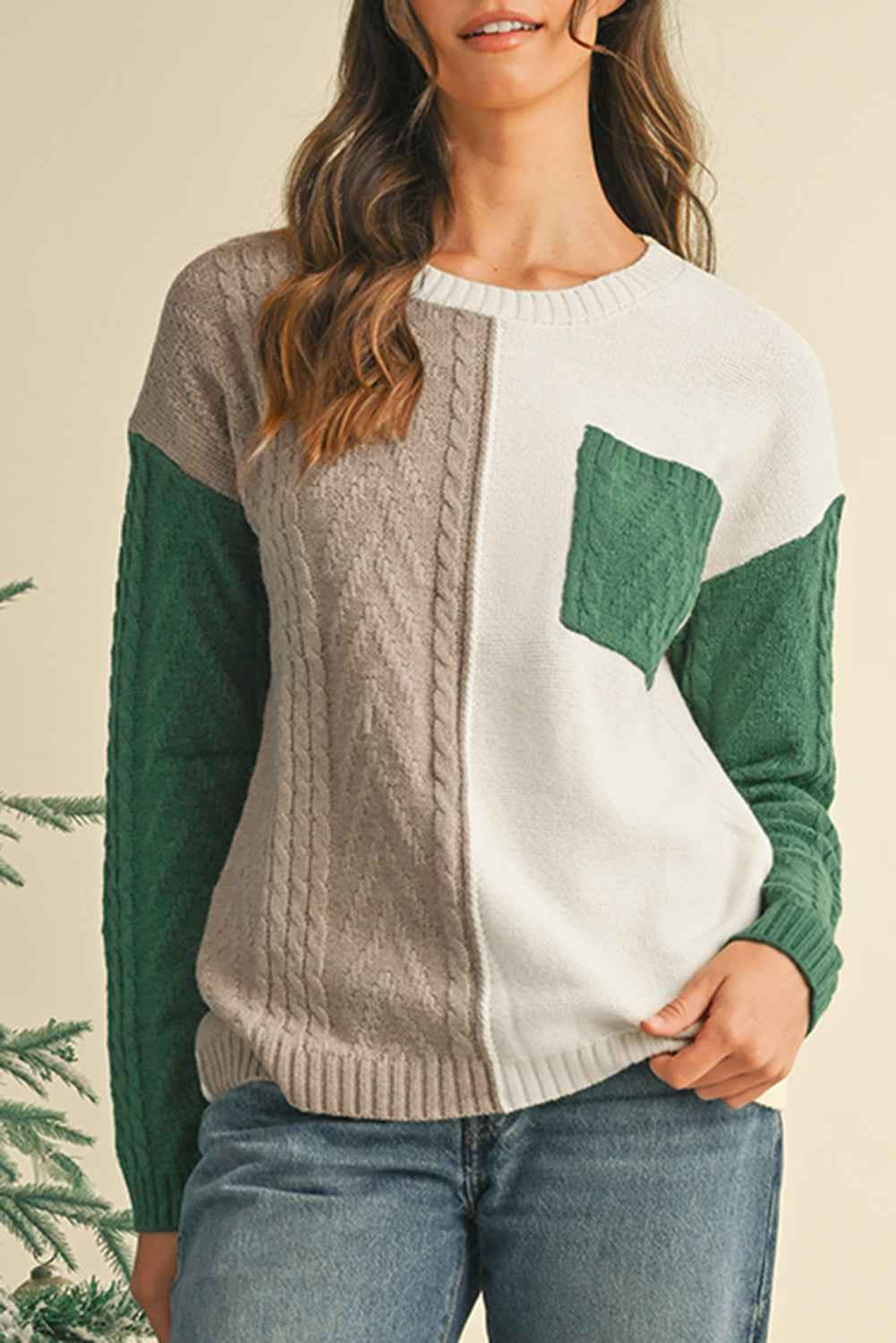 Vineyard Green Colorblock Pocket Drop Shoulder Sweater b21124db7299ab5c