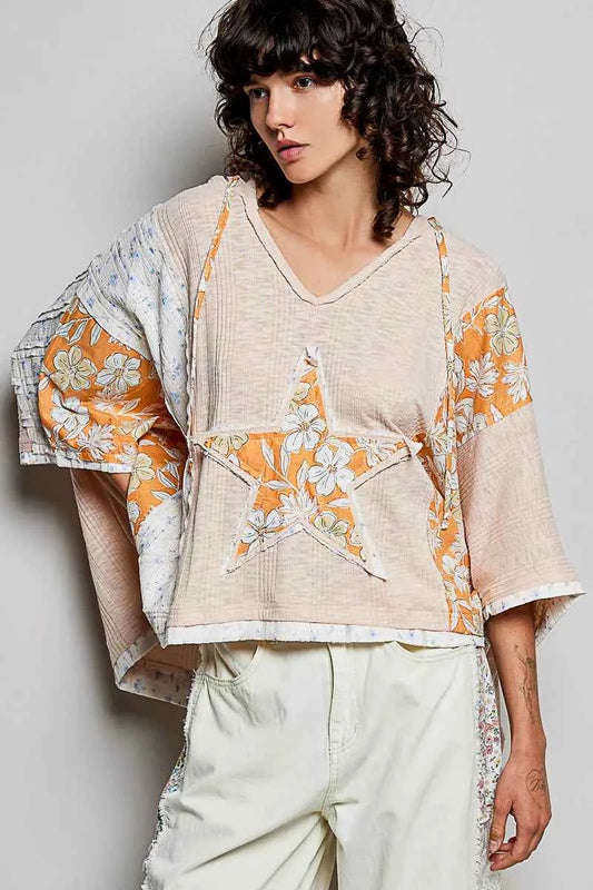 POL Floral Star Patch Hooded Blouse with Lace Contrast Detail WHEAT BEIGE b215008c-f9e0-42ad-b899-20168949931d-Max-Origin