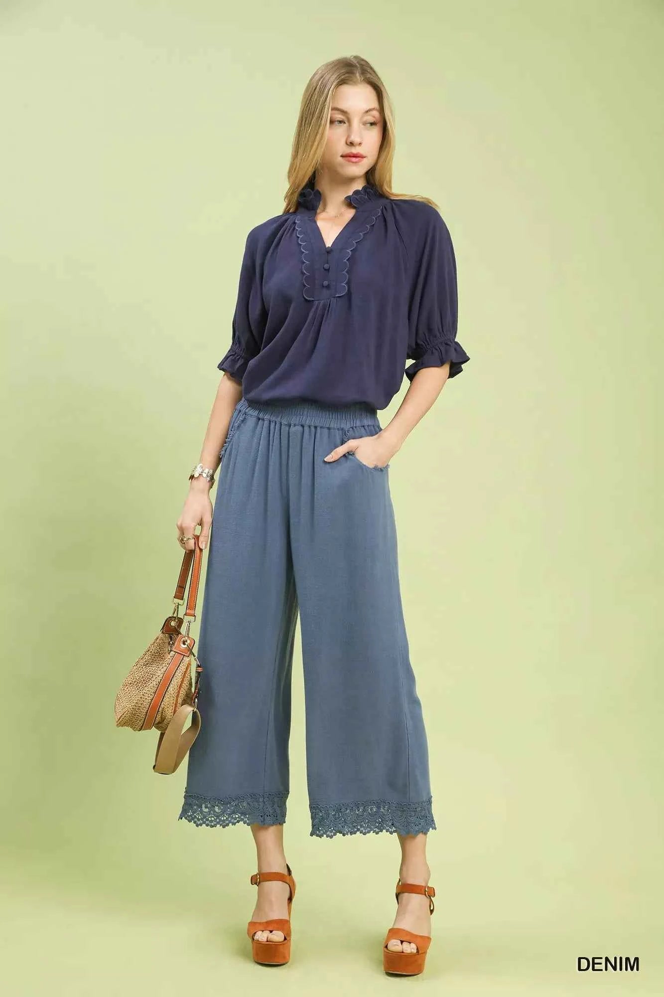 Umgee Linen Wide Leg Cropped Pants with Lace Trim b2158035-438e-42f5-badc-a1f48d4e8e81-Max-Origin