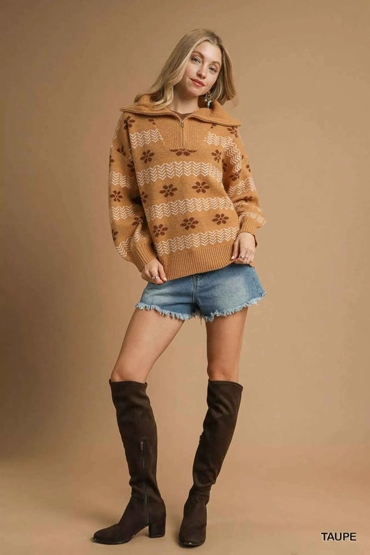 Floral Patterned Jacquard Quarter-Zip Pullover Sweater b2162073-f648-4aa1-9f84-4ab3e525990f-Max-Origin