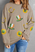 Khaki Sequin Horseshoe Mardi Gras Graphic Corded Ribbed Baggy Sweatshirt b21f0b9d45f41db7
