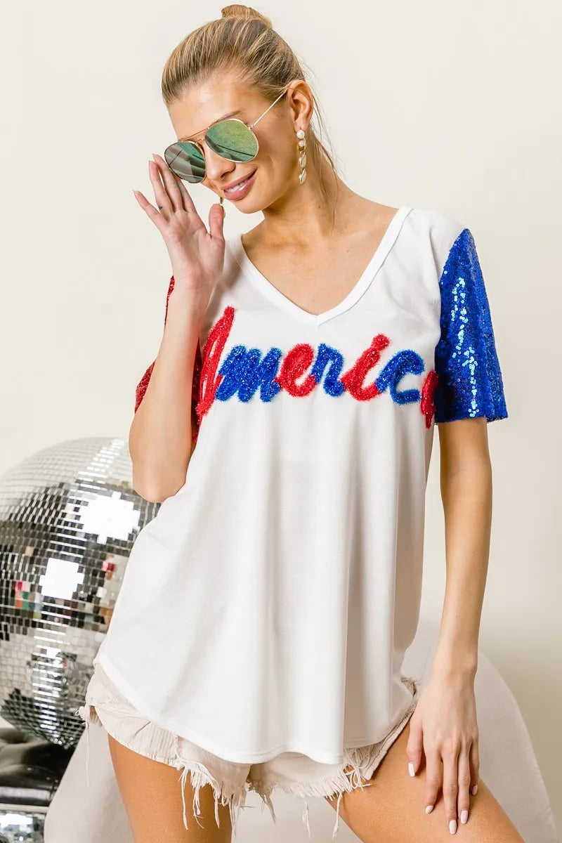 BiBi Metallic Letter V-neck Sequin Sleeves Top OFF WHITE b2227c8928474c60a552a0da7121498a-Max-Origin