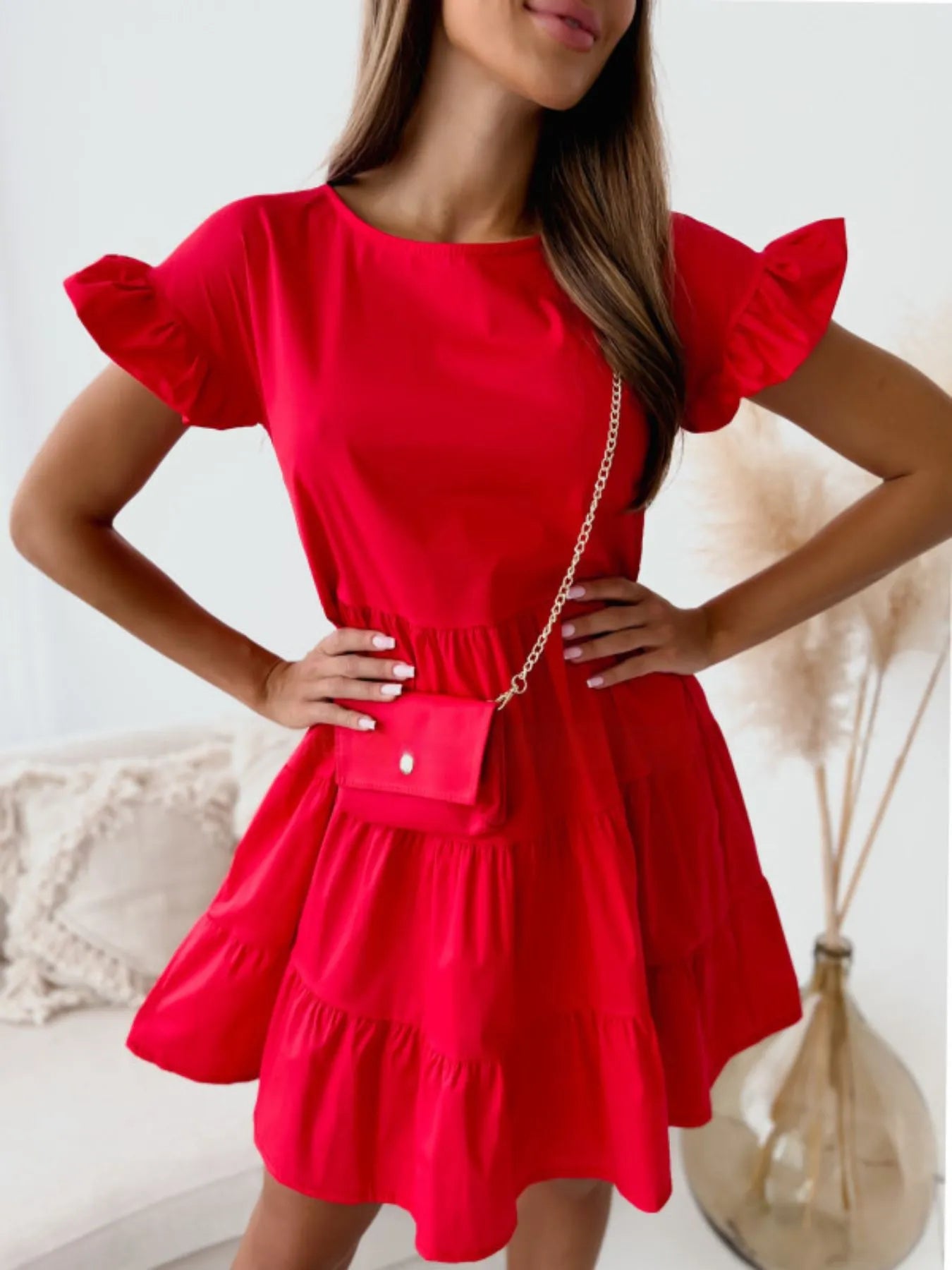 Ruffle Sleeve Tiered Swing Dress Red b2284b3b-6f75-409a-9363-556077ccb9be-Max-Origin
