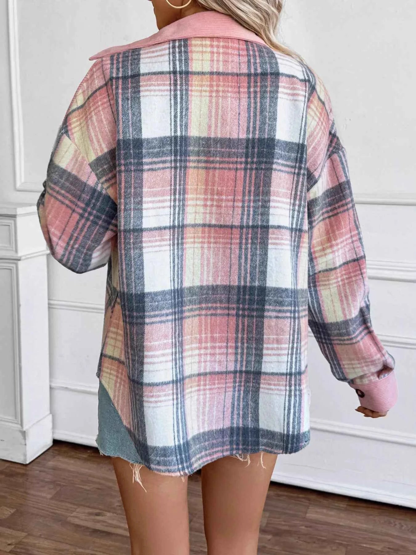 Plaid Button-Up Shacket with Chest Pockets b233b3d000e249b89510abfa6a8122bc-Max-Origin