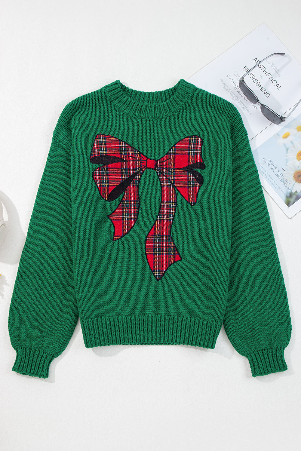 Evergreen Plaid Bow Graphic Christmas Sweater b234951382581273