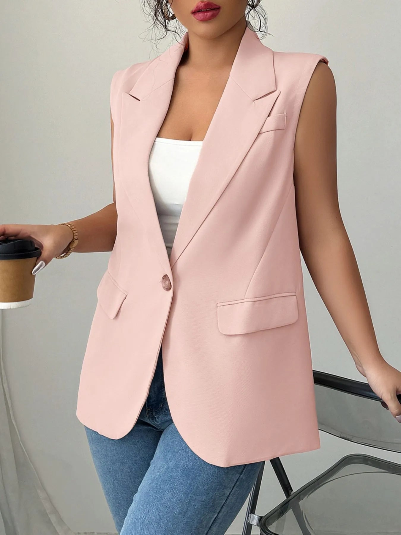 One Button Sleeveless Blazer Pale Blush b23659f1-0f99-4c61-9df1-3b5ab165a7b5-Max-Origin