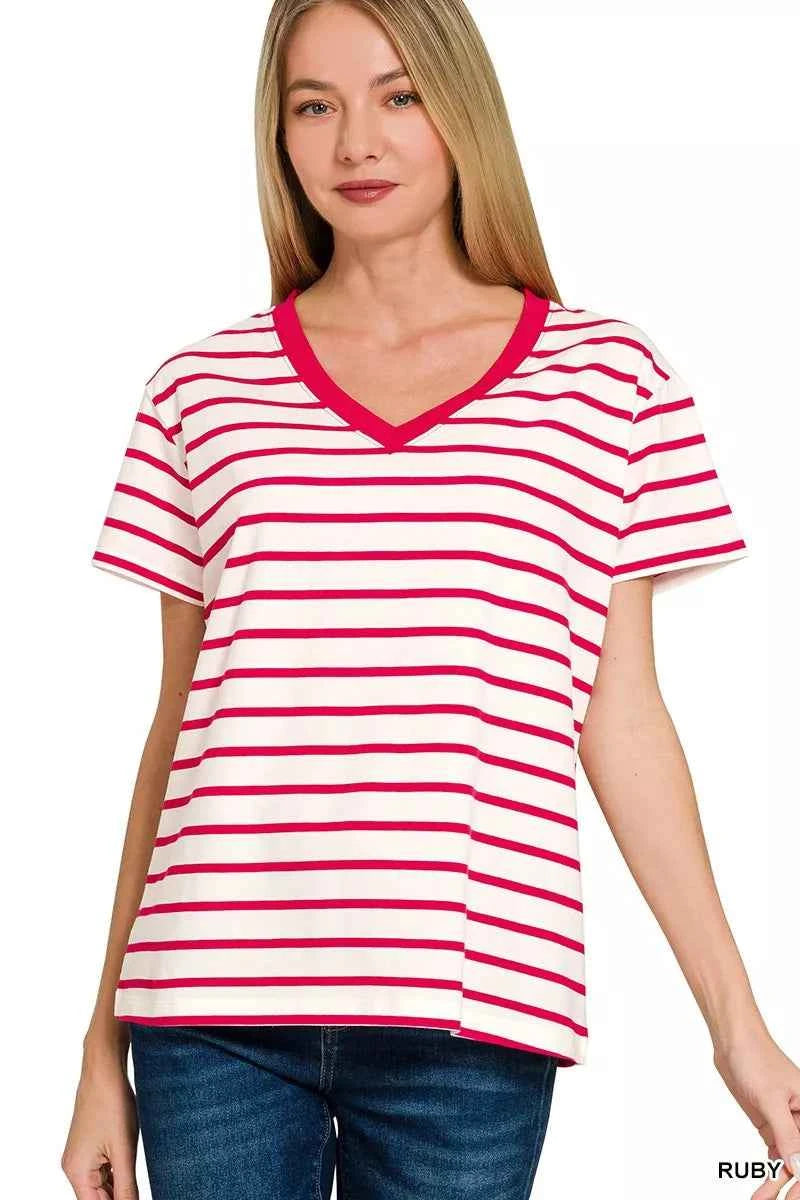 Zenana Striped V-Neck Short Sleeve T-Shirt b23702fcaf764adeadbd45e782312c71-Max-Origin