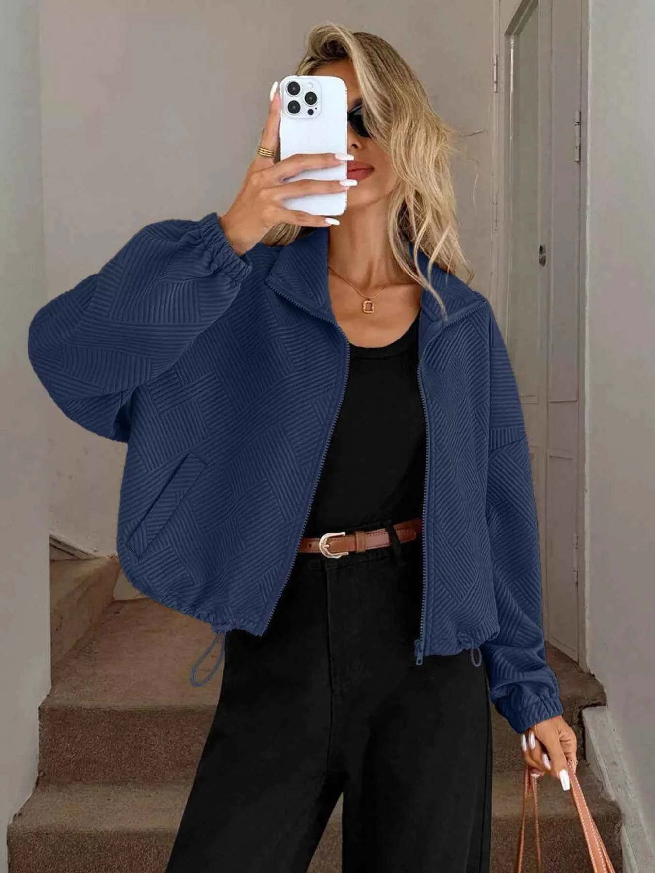 Drawstring Hem Textured Long Sleeve Jacket Navy b2375a493402445d8977152bd6818480-Max-Origin