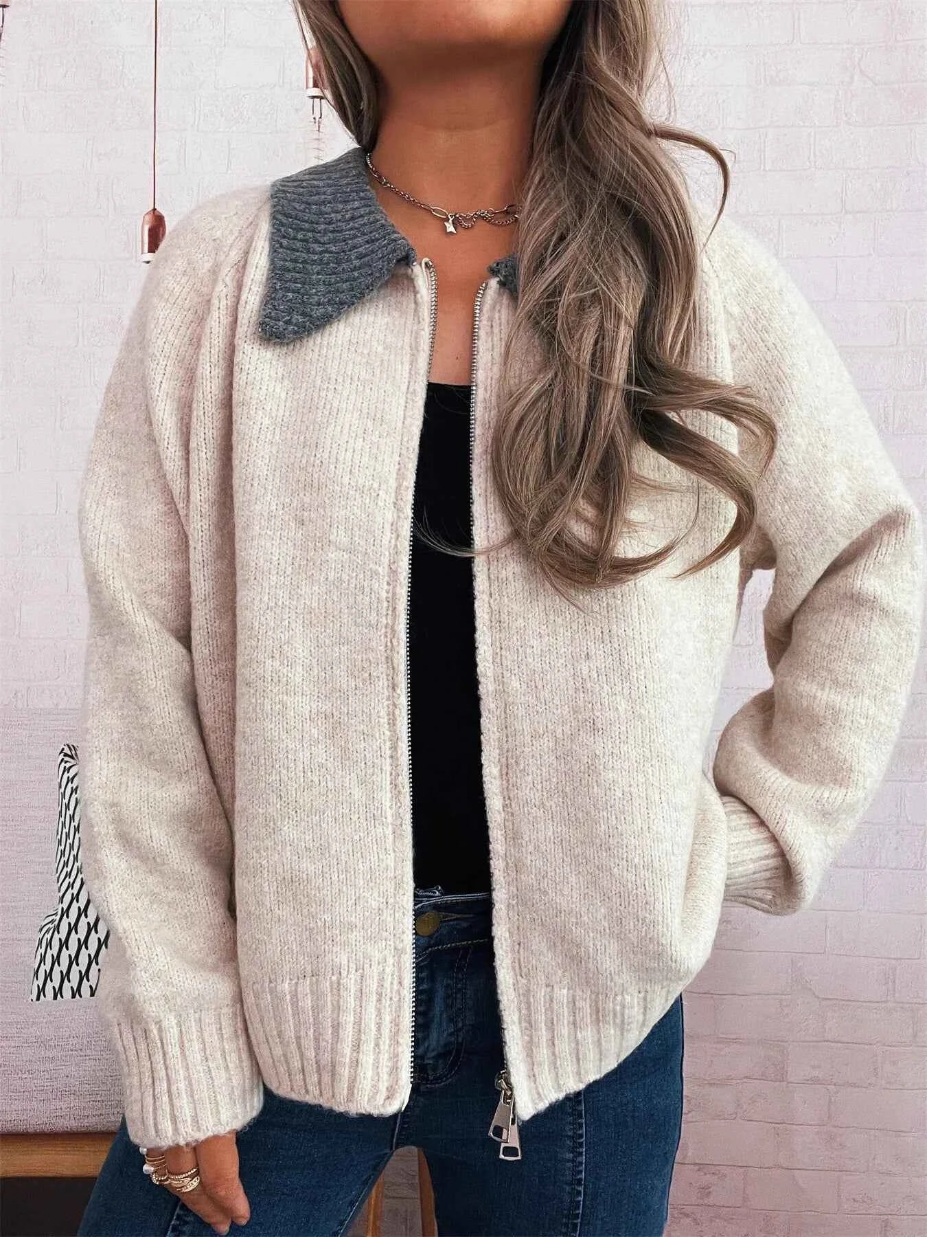 Contrast Collar Zip-Up Cardigan Apricot One Size b2381a0f599b4747ac5d8881f72d8d4e-Max-Origin