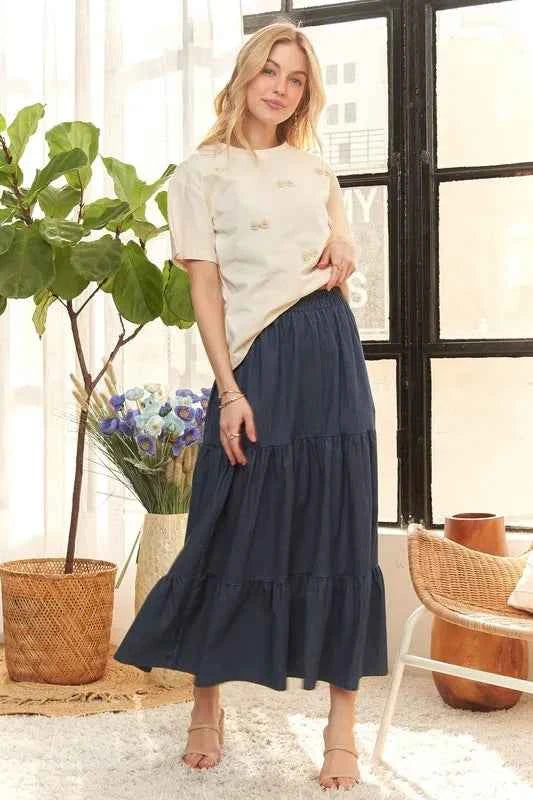 ADORA Waist Band Tiered Denim Maxi Skirt b23b42351fc8400687a009987bb6d20b-Max-Origin