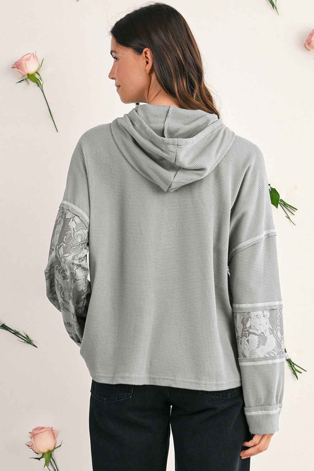 White Waffle Printed Patchwork Drawstring Hooded Long Sleeve Top b242a01d035dc11d
