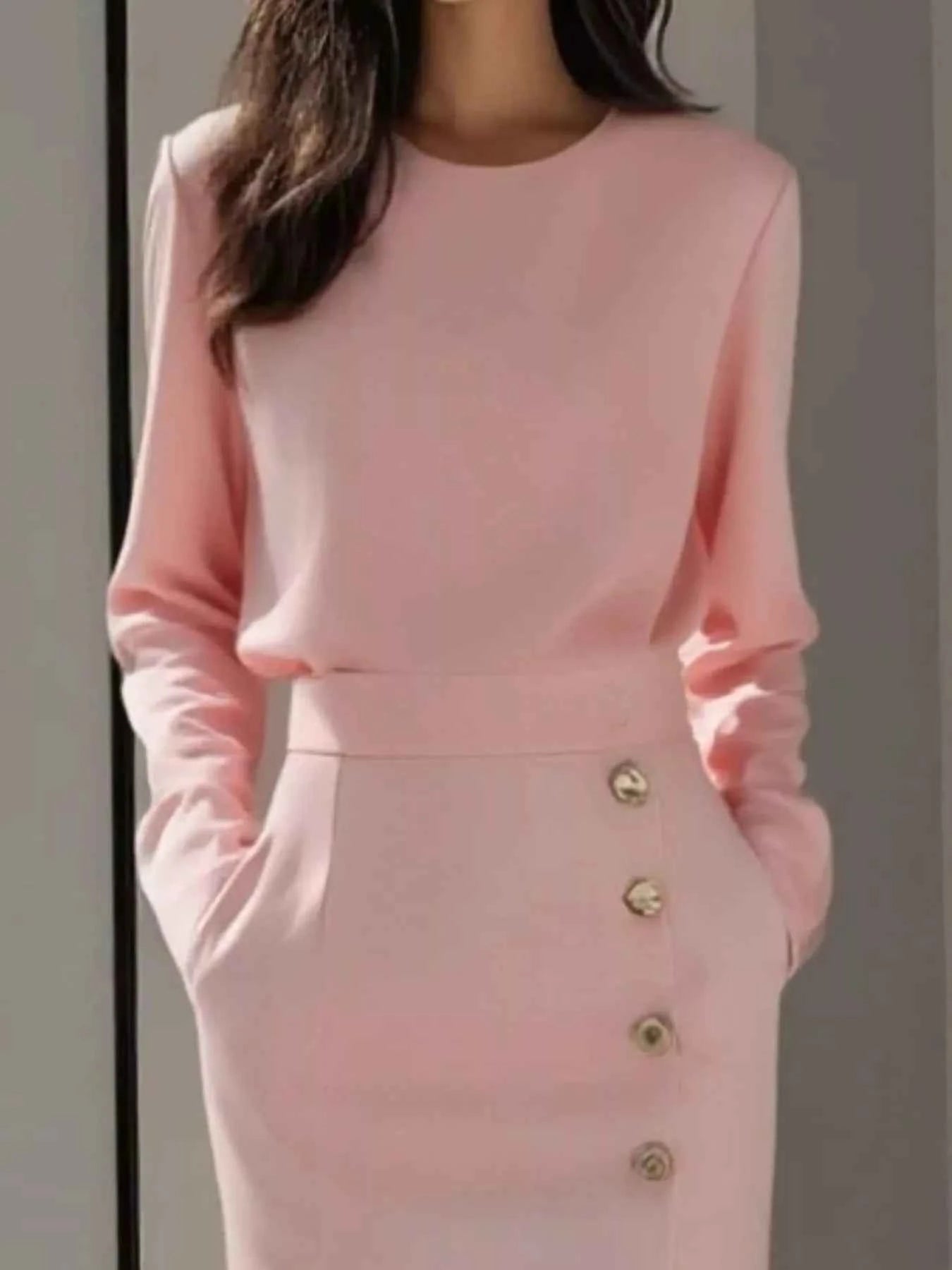 Long Sleeve Button Detail Midi Dress with Side Slit b244e717-0562-4891-a3a5-3a76d26b44a9-Max-Origin