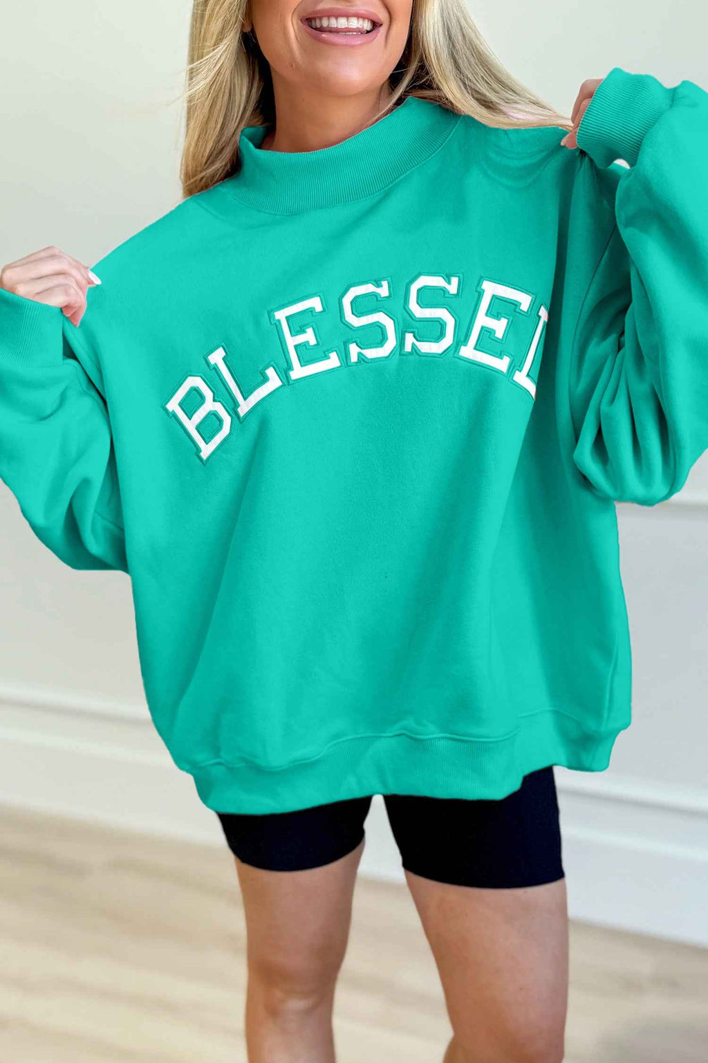 Sea Green Oversize Blessed Embroidered Mock Neck Sweatshirt Sea Green 50%Polyester+50%Cotton b246b856fbb470ea