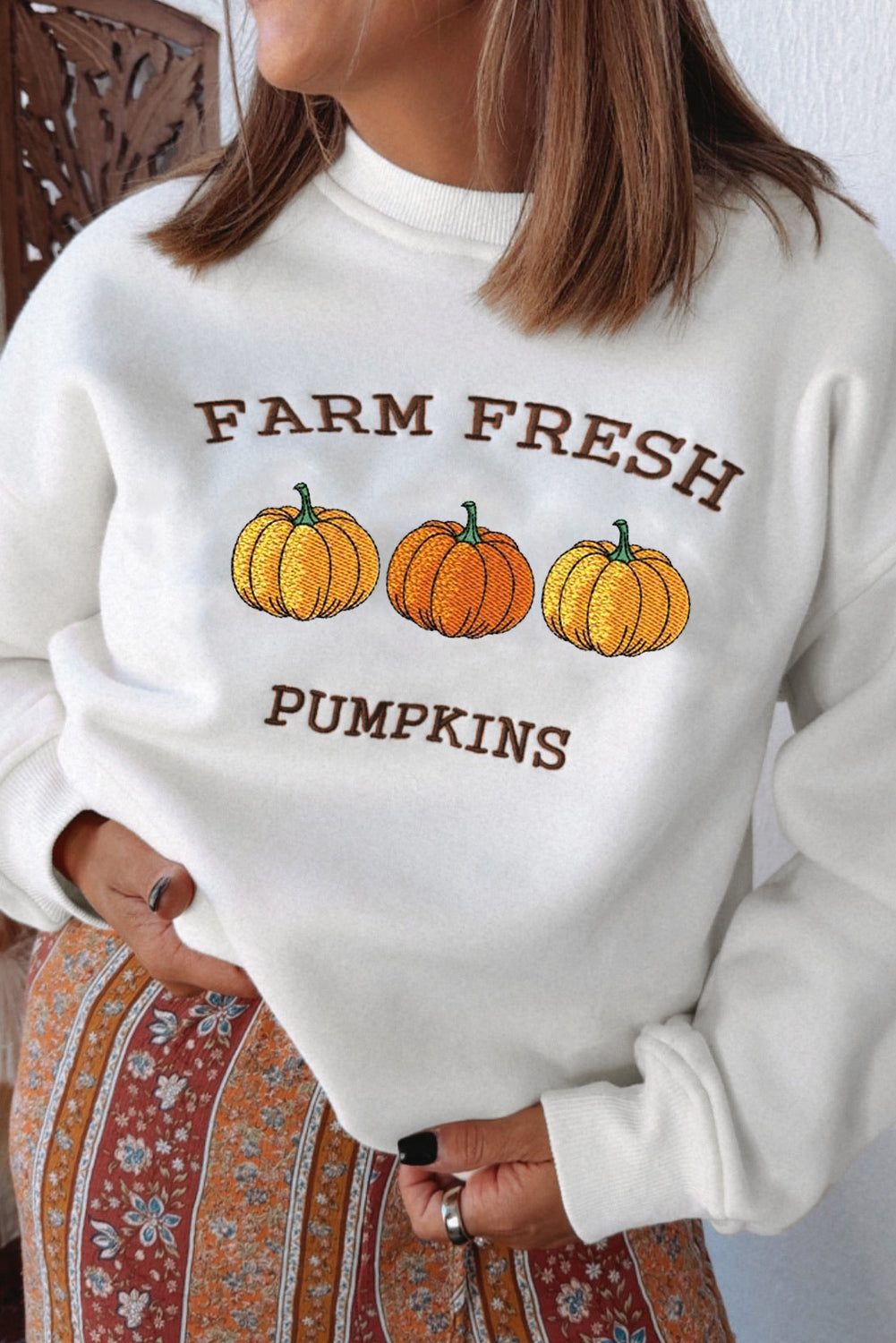 White FARM FRESH PUMPKINS Embroidered Festival Sweatshirt b2489dc523f6b1ba