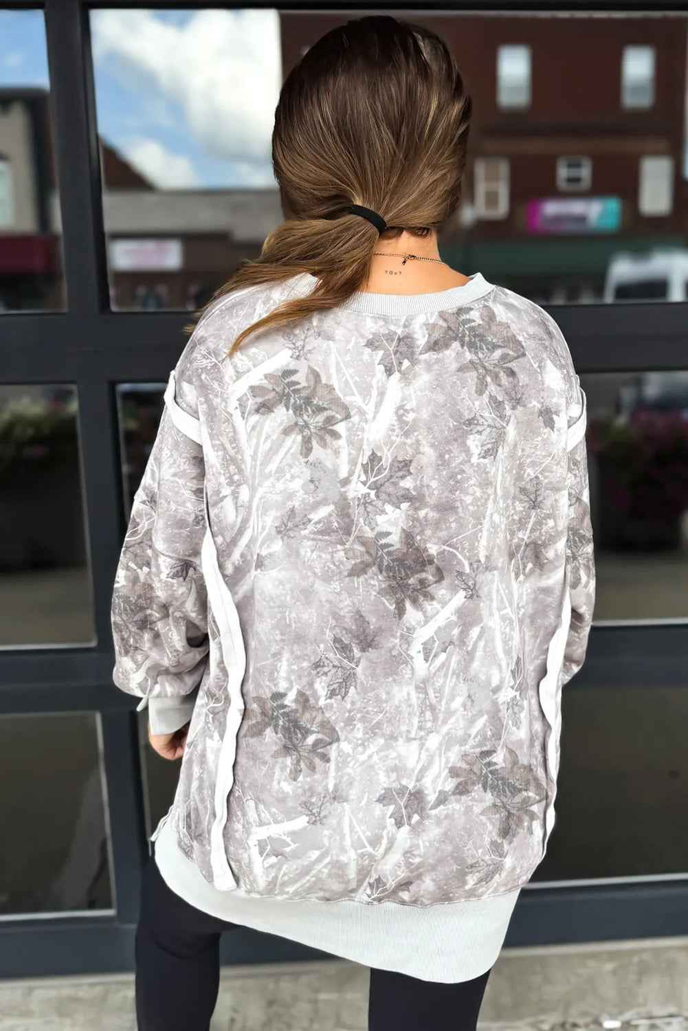 Gray Leafy Print Contrast Trim Patchwork Baggy Slit Sweatshirt b24be3391a5af7f7