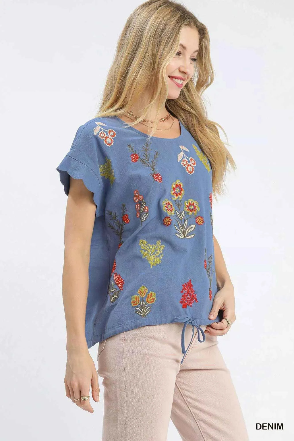Umgee Embroidered Scallop Sleeve Top with Drawstring Hem b24c96af-e23a-44b0-9bb6-63709fe10a66-Max-Origin