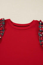 Racing Red Plaid Pearl Ruffled Sleeve Knitted Christmas Holiday Plus Size Top b2500ef4b936f431