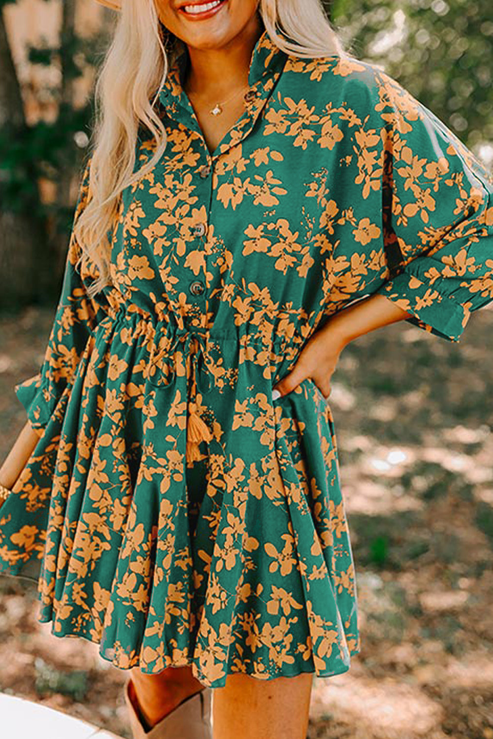 Green Floral Print Drawstring Flowy Short Dress Green b251d1190d9d87f2
