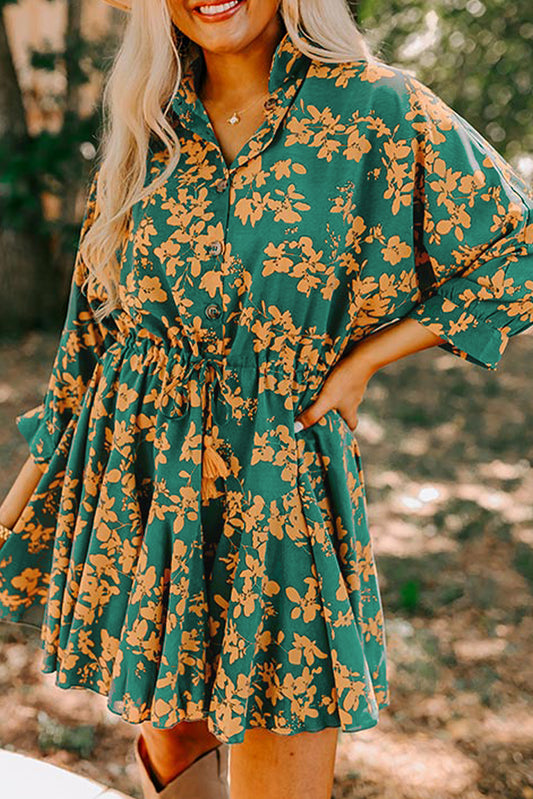 Green Floral Print Drawstring Flowy Short Dress Green b251d1190d9d87f2