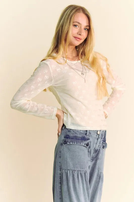 Davi & Dani Bow Mesh Round Neck Long Sleeve Top b2523c89-b916-4af5-921a-e890a20ef69d-Max