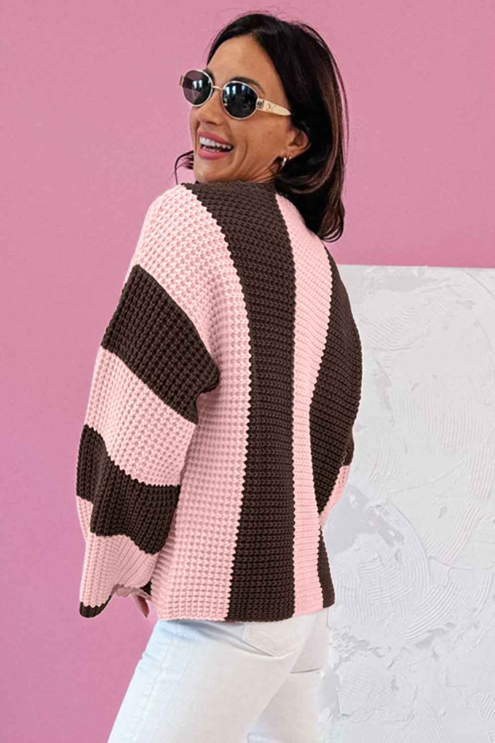 Myosotis Striped Color Block Thermal Textured Knit Drop Shoulder Sweater b25443a985661183