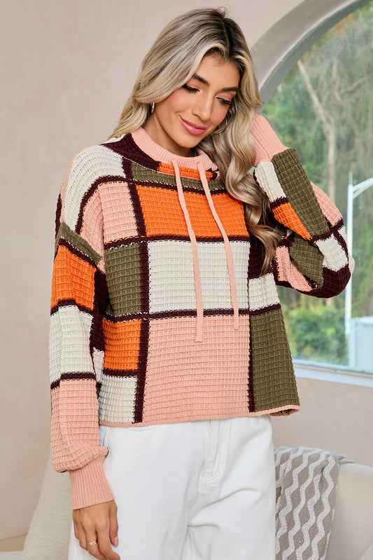 Orange Color Block Waffle Knit Drawstring Mock Neck Sweater b254bff21e12d916