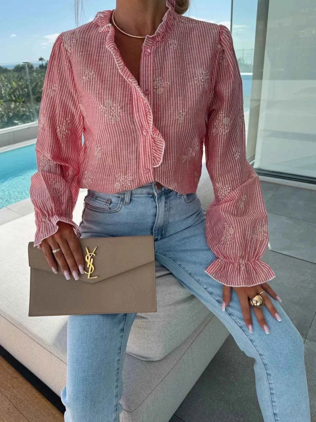 Button Up Flounce Sleeve Shirt b25992dc210246efbaf2e3e11ba07be4-Max-Origin