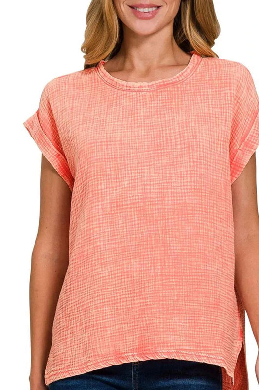 Zenana Woven Double Gauze Acid Washed Short Sleeve Top b25baf20-92bc-4249-8f73-8669cde8e9bb-Max-Origin