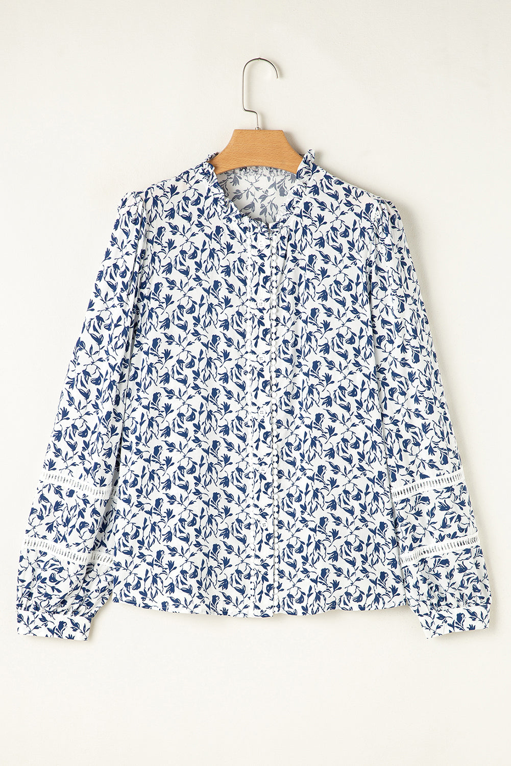 Blue Floral Print Lace Detail Puff Sleeve Shirt b26a6e59605d6fef