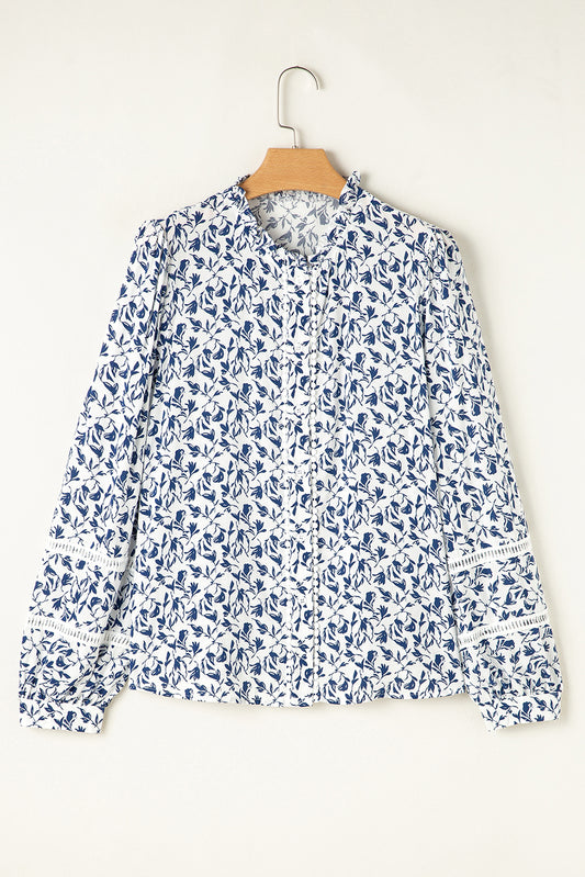 Blue Floral Print Lace Detail Puff Sleeve Shirt b26a6e59605d6fef