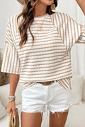 Apricot Stripe Textured Knit Split Hem Half Sleeve Loose Top Apricot Stripe 85%Polyester+10%Viscose+5%Elastane b26d481e2a3d4e92
