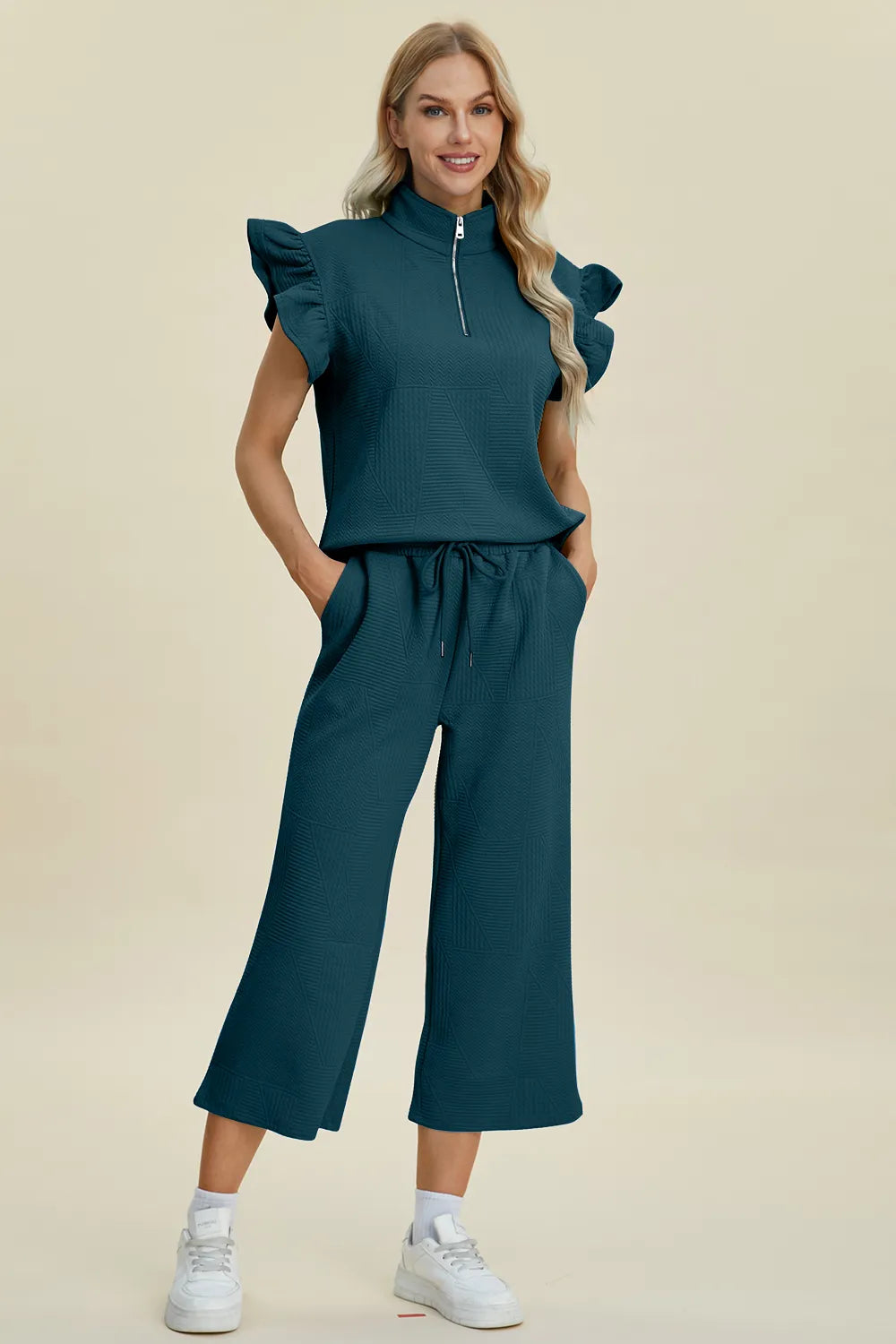 Double Take Full Size Texture Ruffle Short Sleeve Top and Wide Leg Pants Set Deep Teal b27234ae-cb68-4178-aa73-547c0d6995eb-Max
