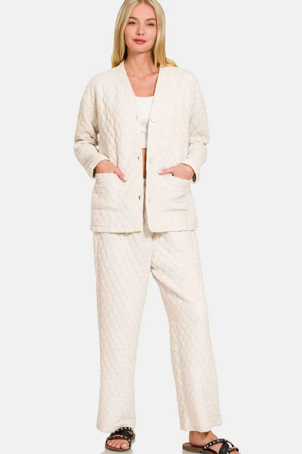 Zenana Quilted Button Up Long Sleeve Top and Pants Lounge Set Beige b2754c67-70e6-4fc2-bd42-5bfcc226db88-Max