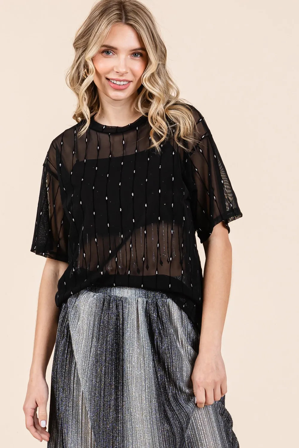 GeeGee Round Neck Drop Shoulder Mesh Glitter Top Black b2756879-50d6-4749-a9b3-45be4d28ef40-Max