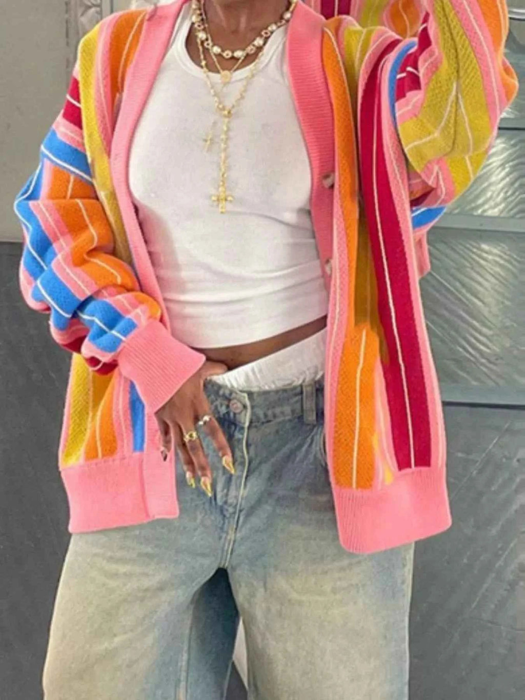 Striped Knit Button Up Cardigan Pink b27e5a85-2ae4-4465-836a-1d838a5d32d5-Max-Origin