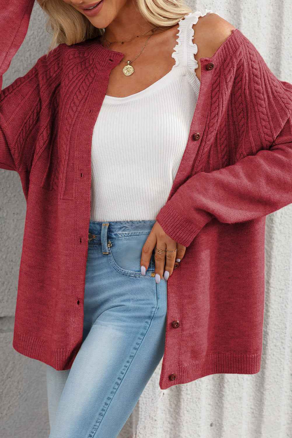 Light Pink Solid Color Textured Detail Button Down Long Sleeve Sweater Cardigan Red Dahlia 42%Acrylic+30%Polyester+28%Polyamide b280b6ff0a4b7425