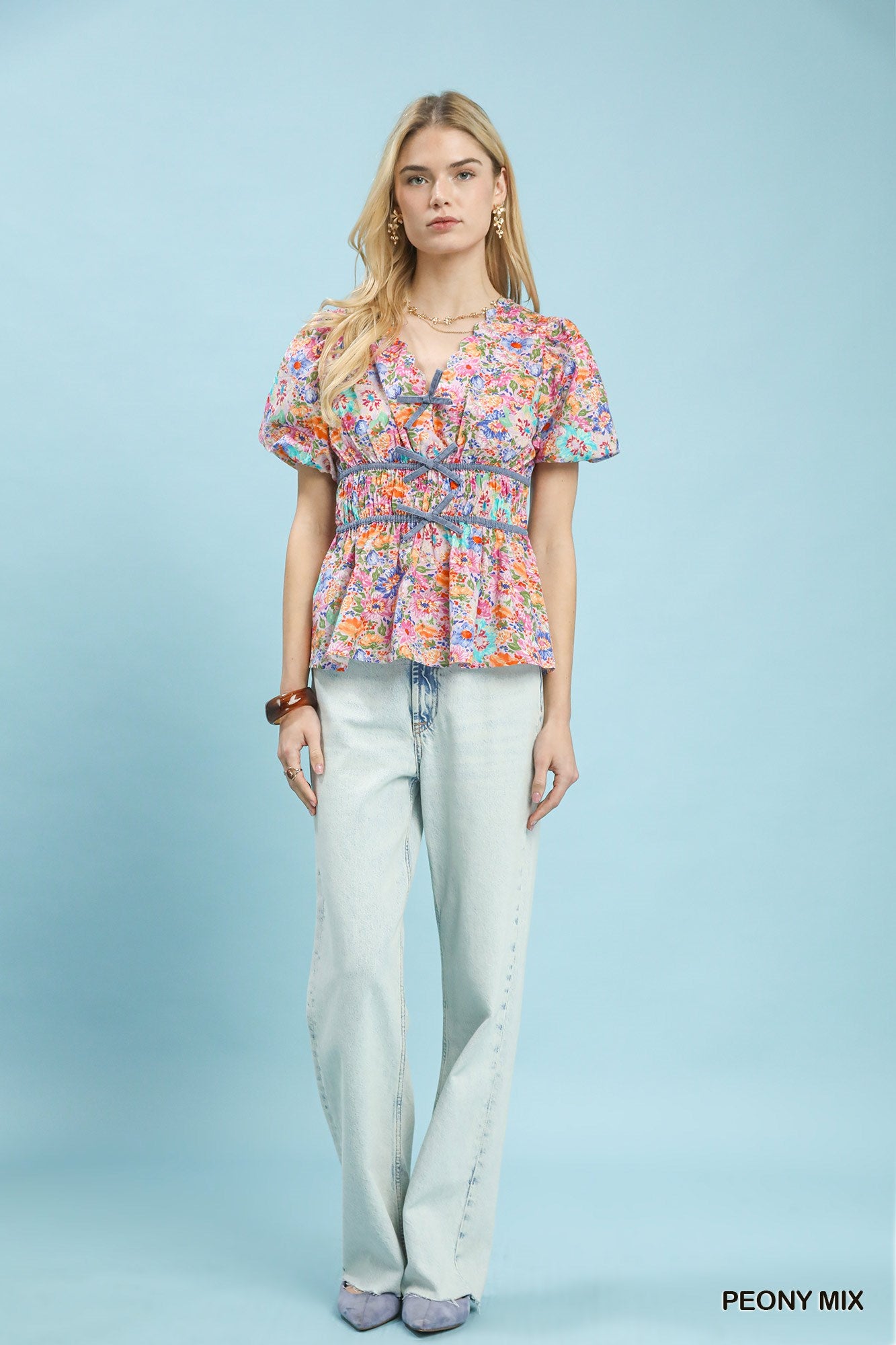 Umgee Mix Floral Smocked Waist Blouse b283f453-b409-4d47-9eaa-aeda52565559-Max