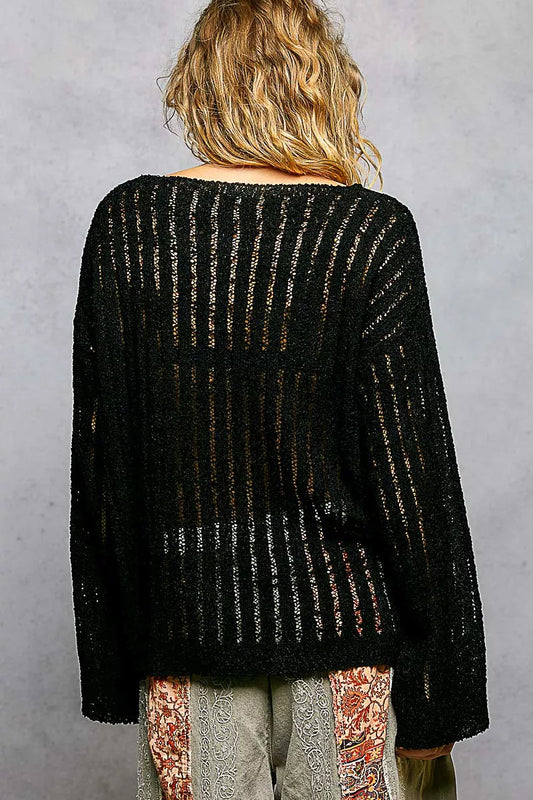 Round Neck Long Sleeve Open Weave Sweater b287bfaf-9cd9-4ad7-9cfa-ae26aea0cce3-Max-Origin